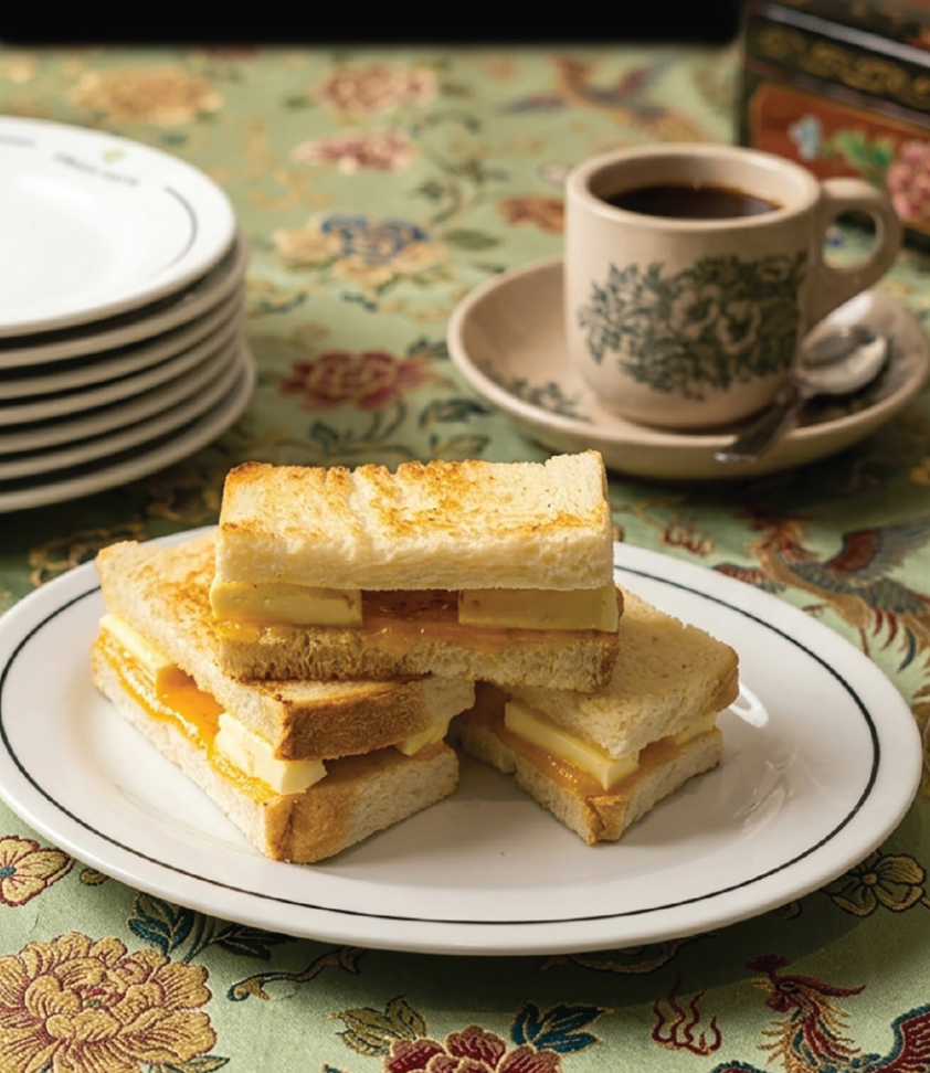 Roti Bakar Set with boiled eggs and kopi